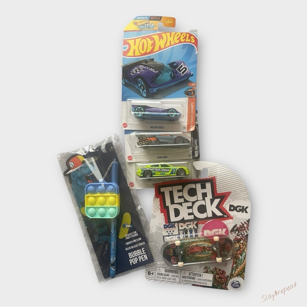 🔥 Hot Wheels Car Bundle + Tech Deck DGK Fingerboard + Bubble Pop Pen Set